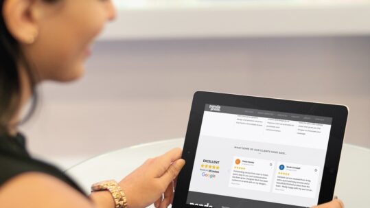 Google reviews are highlighted on the Panda Press website.